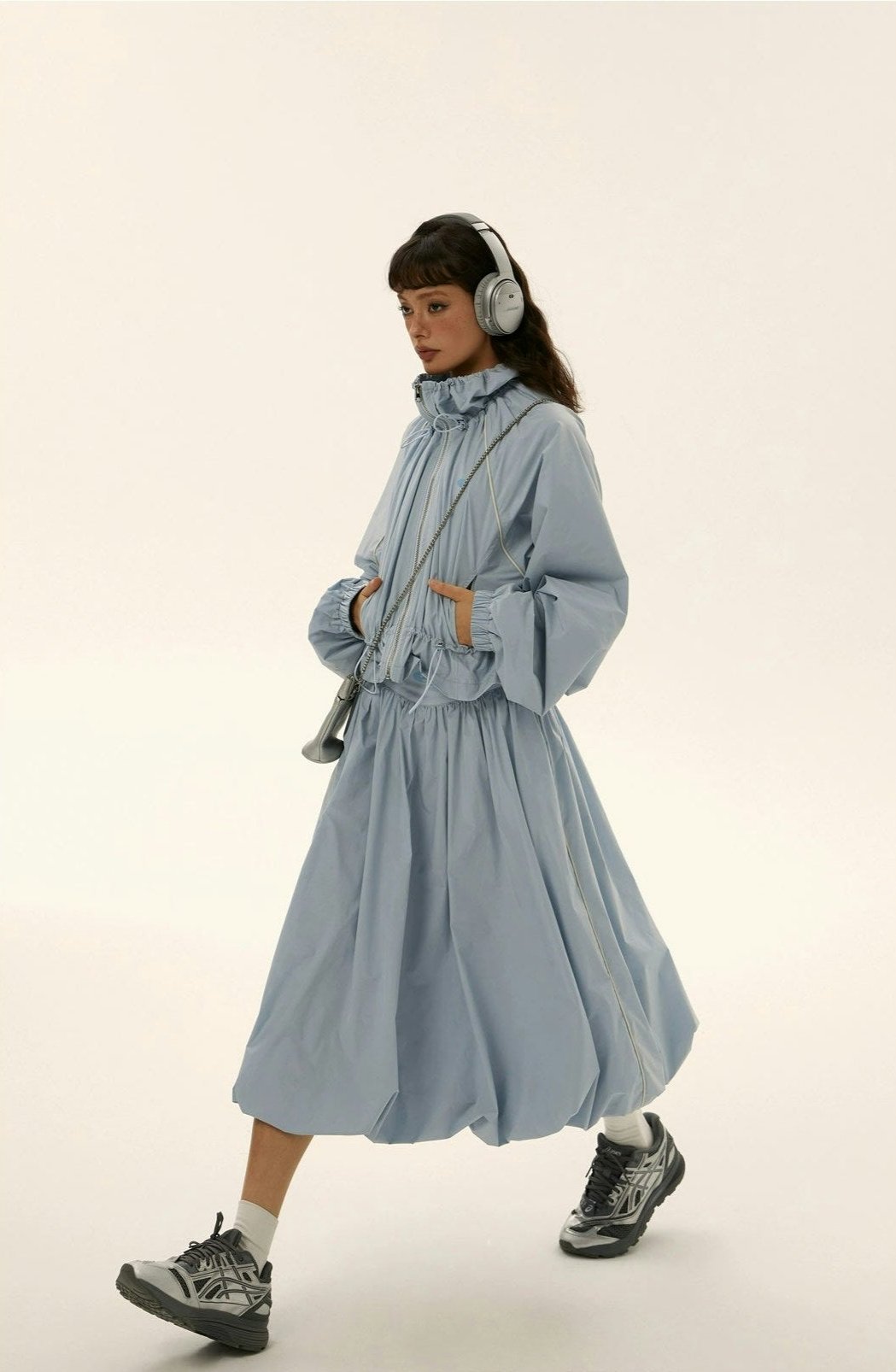 Ruched Windbreaker Track Jacket and Balloon Midi Skirt Two Piece-Set