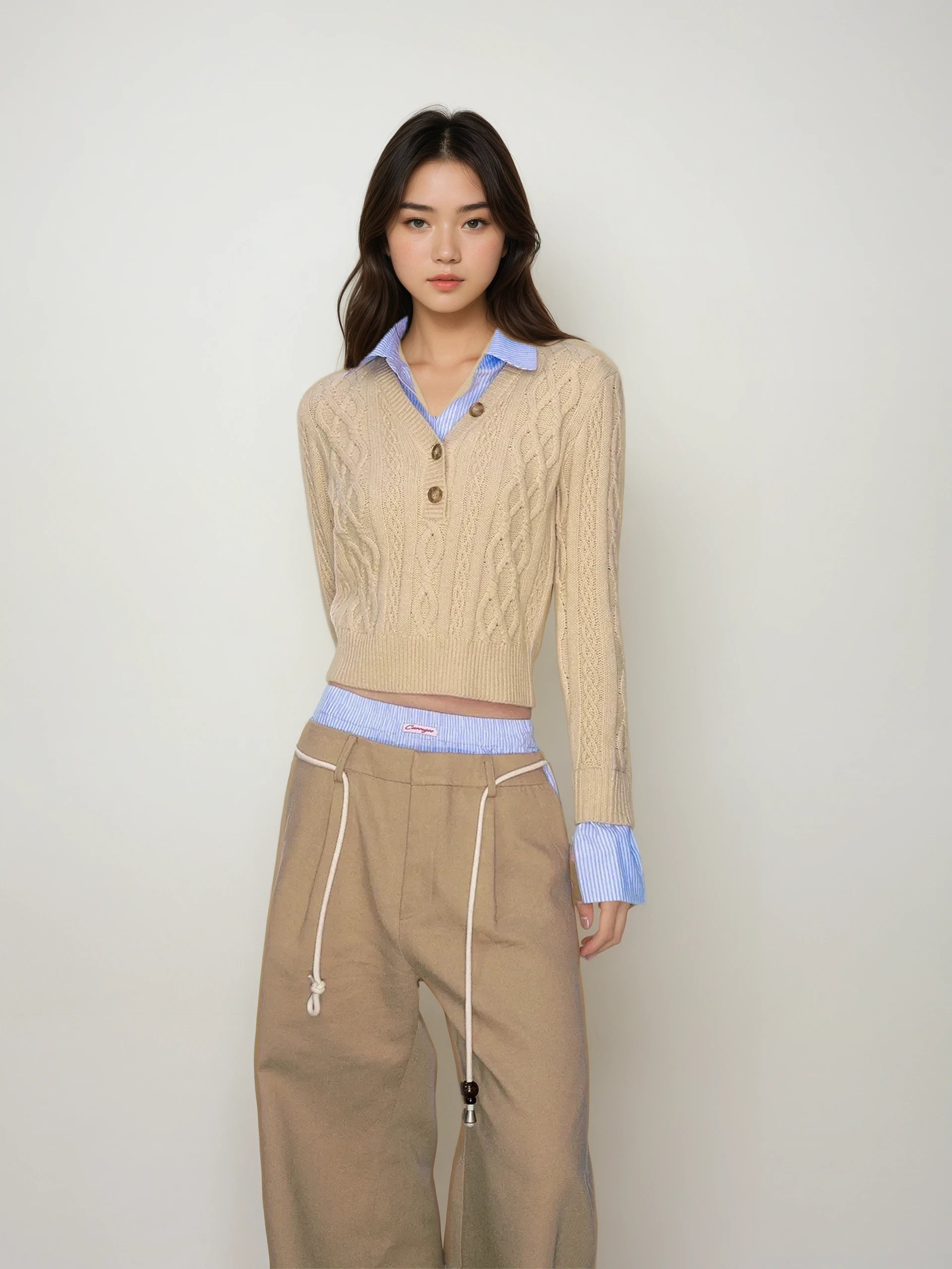 Mock Shirt-Collar Cable Knit Half Button Sweater