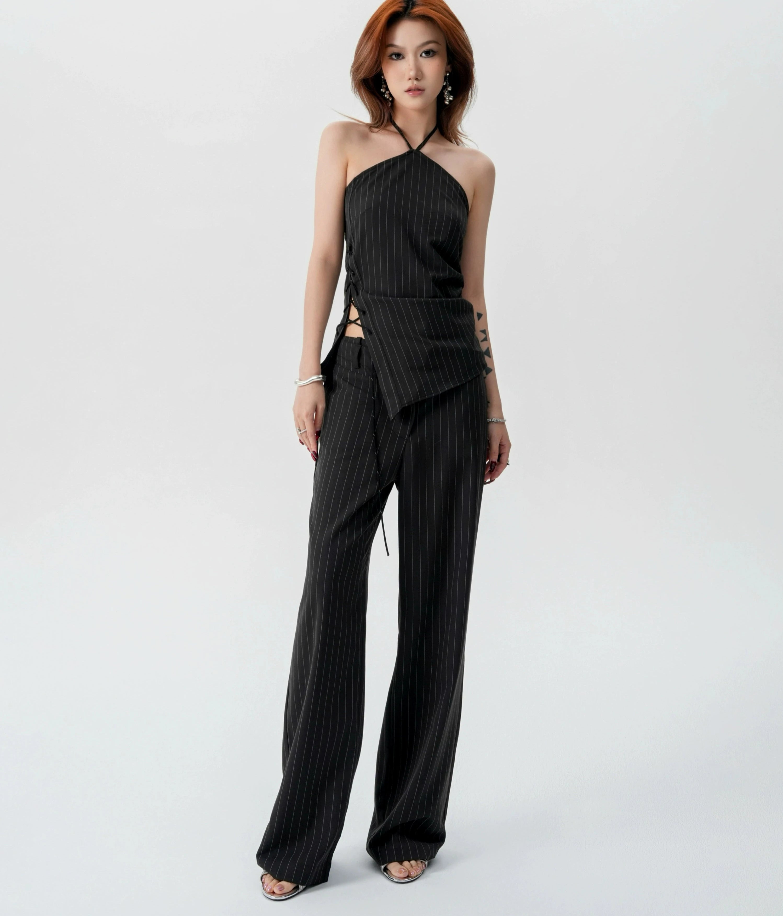 Striped Halter Top and Wide Leg Pants Set