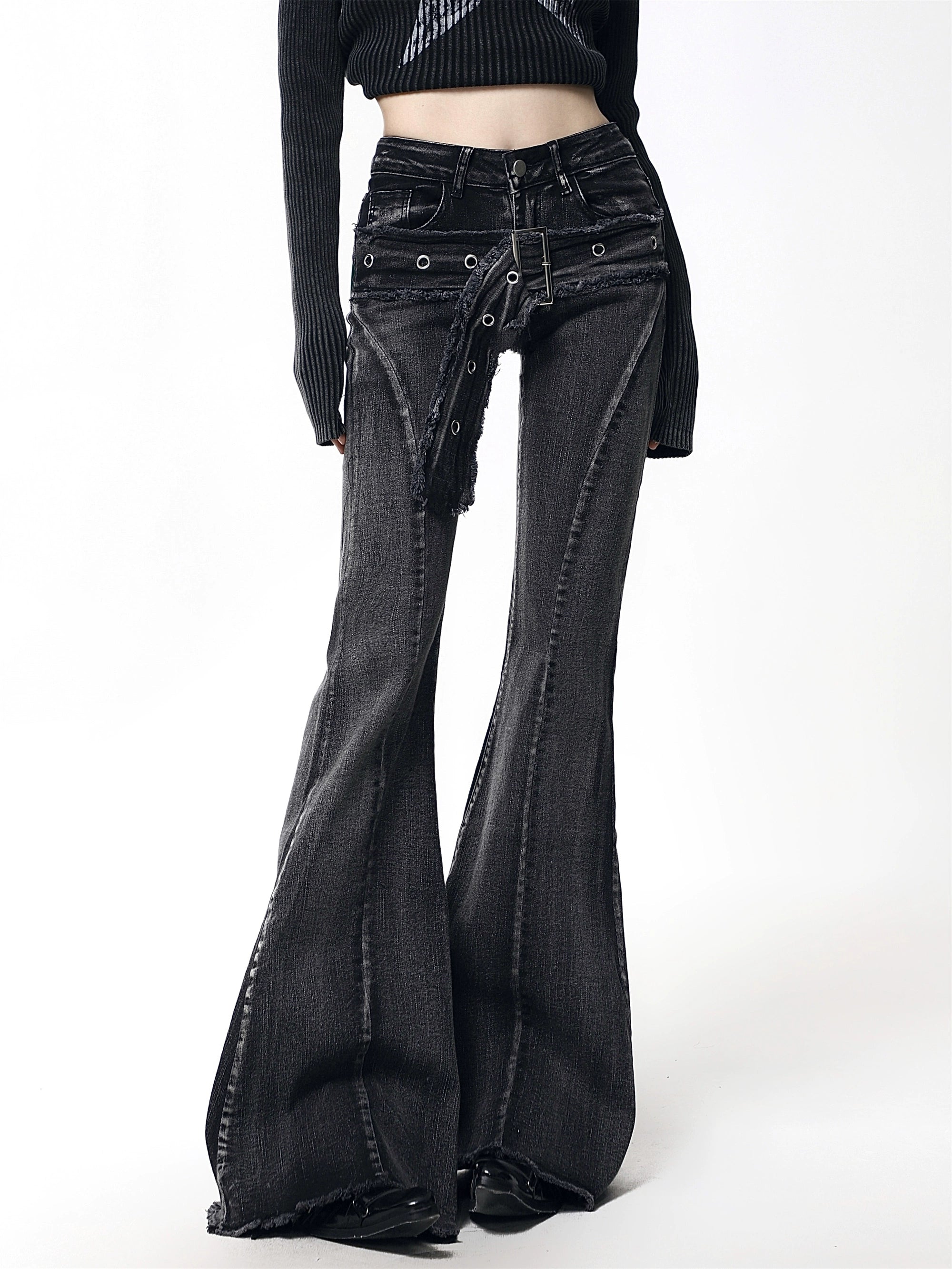 Distressed Stitch Denim Flare Jeans with Grommet Detail