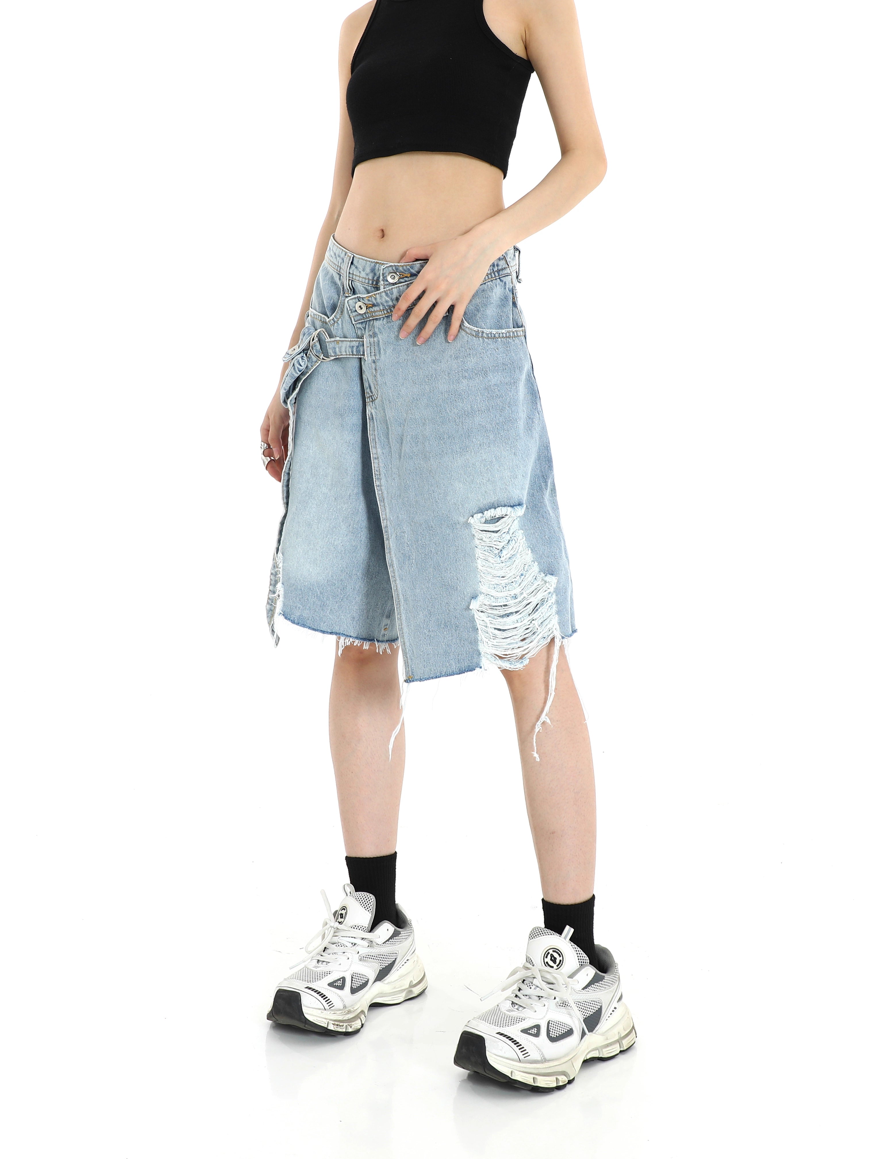 Denim Cargo Pocket Bermuda Shorts with Raw Hem