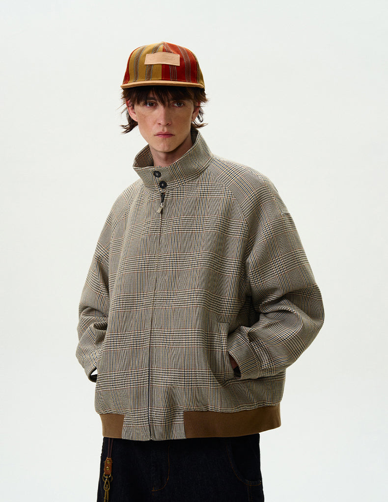 Plaid Zip Jacket with Stand Collar and Raglan Sleeves