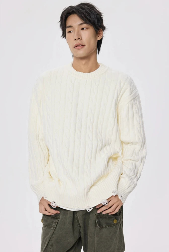 Distressed Hem Cable Knit Crewneck Sweater