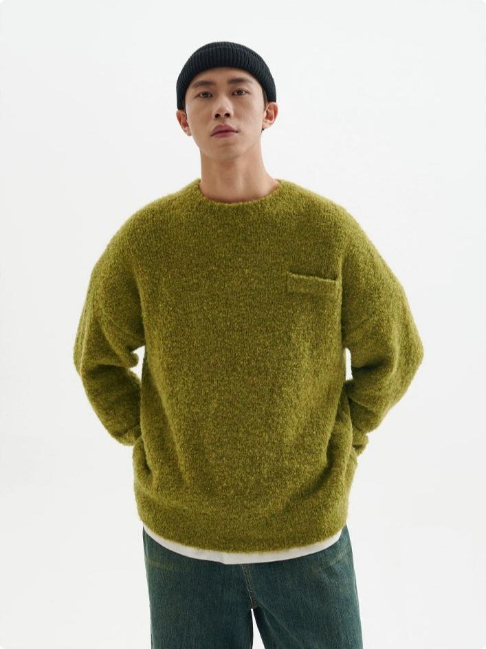 Crew Neck Fuzzy Sweater with Pocket