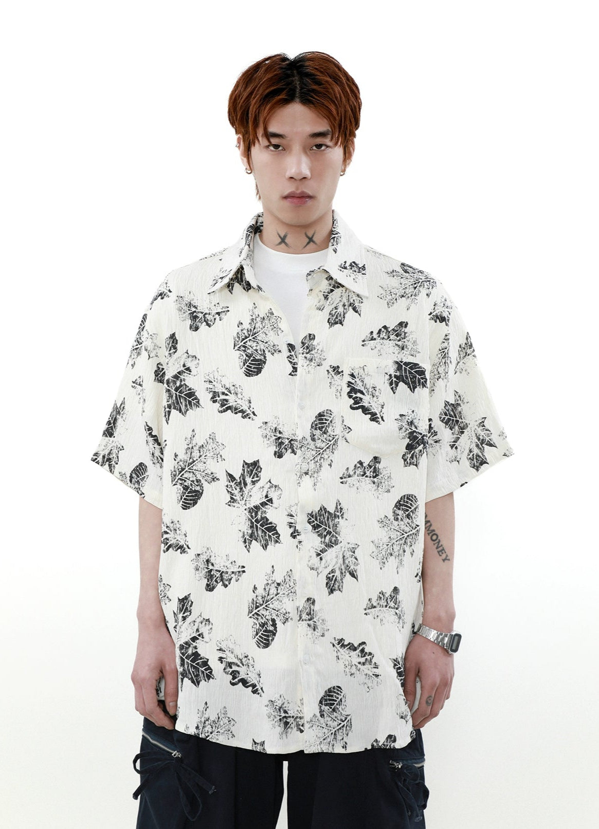 Leaf Print Textured Short Sleeve Button Shirt