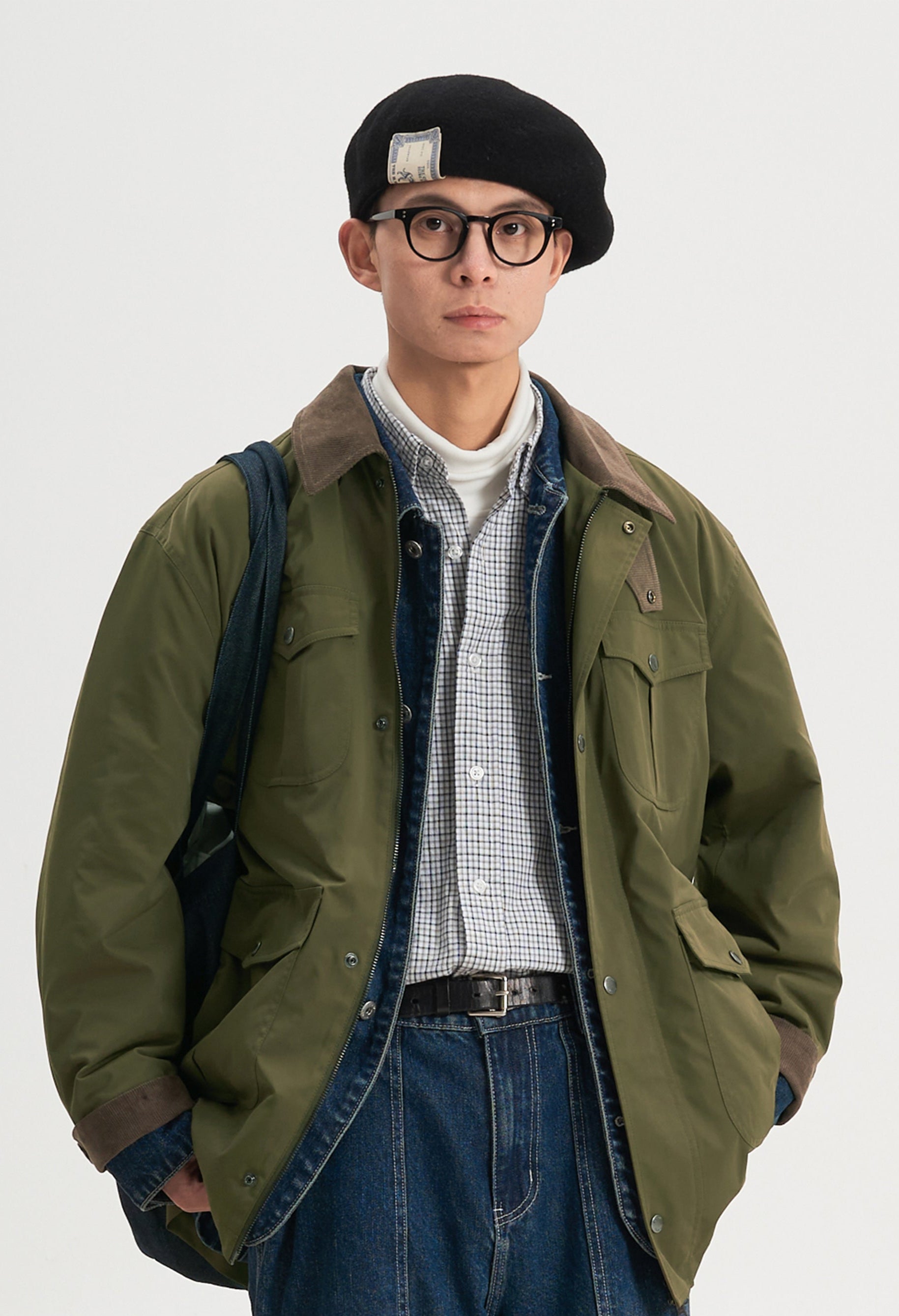 Multi Snap Pocket Contrast Corduroy Collar and Cuff Zip Jacket