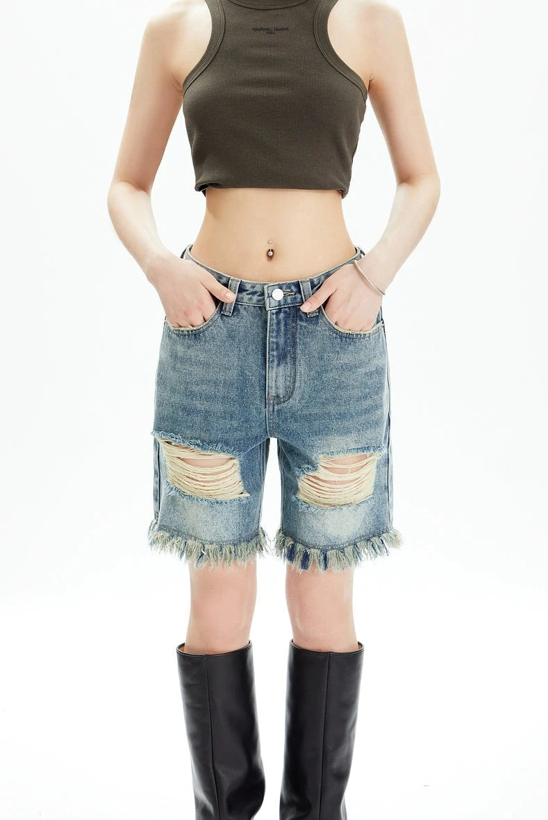 Distressed Denim Bermuda Shorts with Frayed Hem