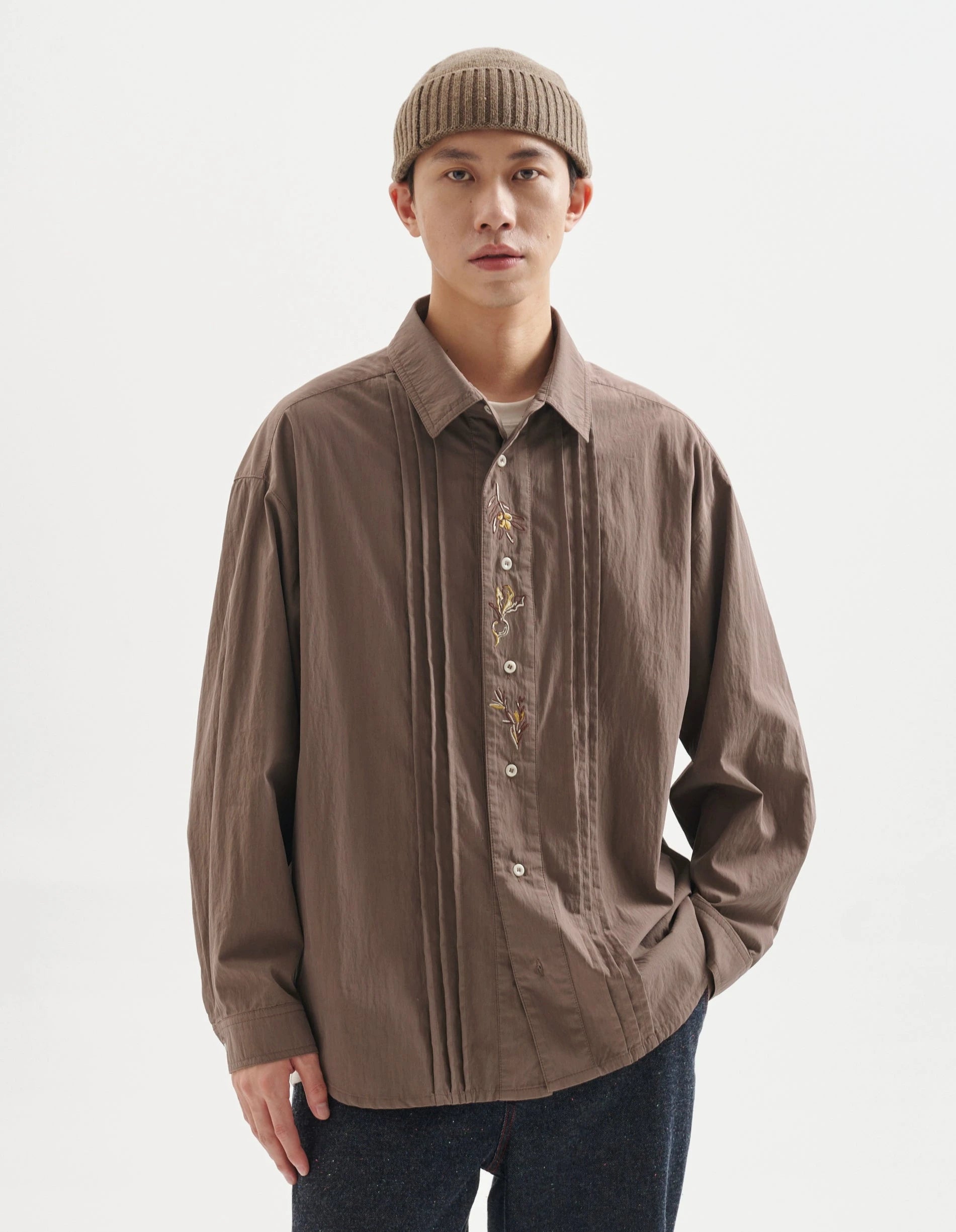 Pleated Button Down Long Sleeve Shirt with Embroidery Detail