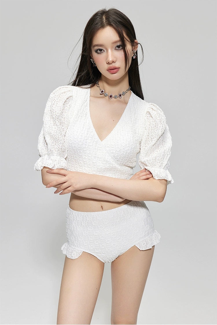 Textured Puff Sleeve Crop Top Bikini With Skirted Bottoms