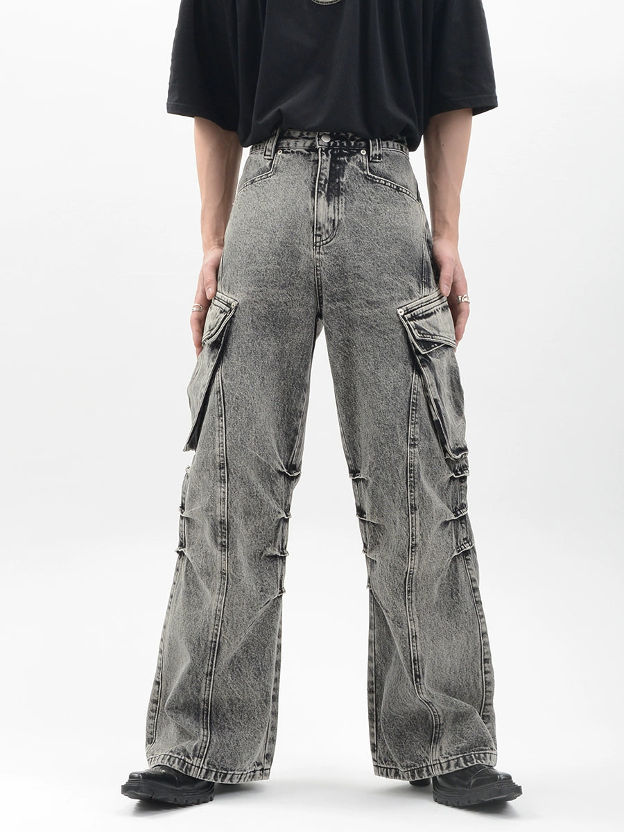 Acid Wash Cargo Pocket Wide-Leg Jeans