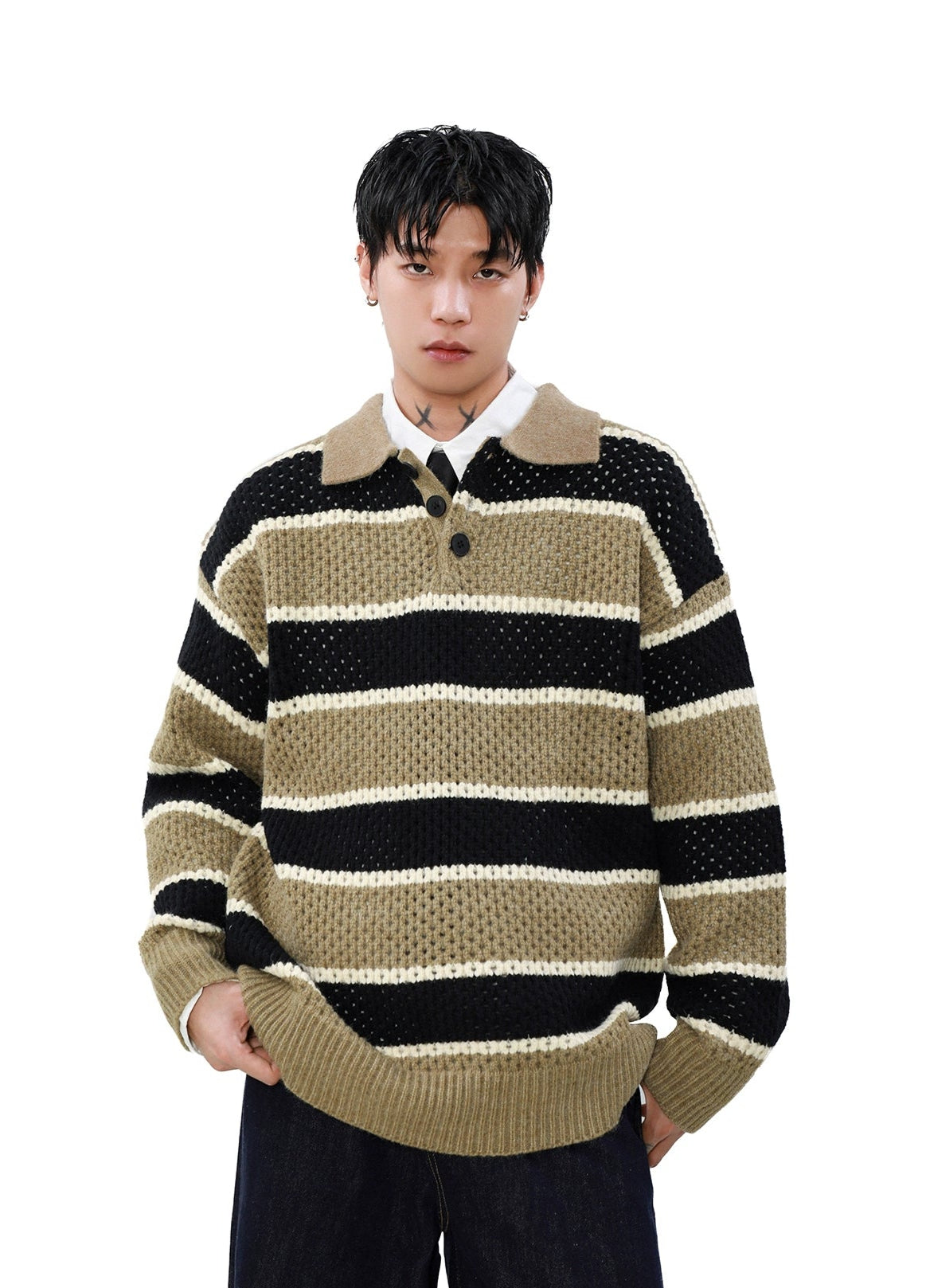 Striped Knit Half Button Collared Sweater