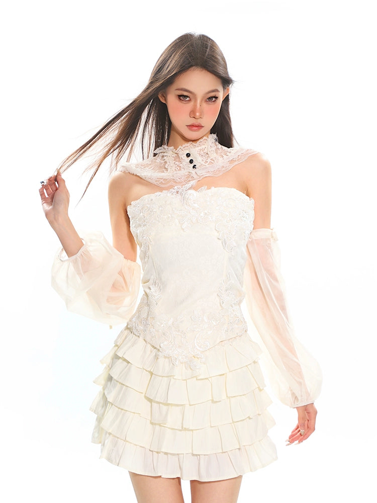 Lace Embellished Corset with Mesh Sleeves and Layered Ruffle Mini Skirt Two-Piece Set