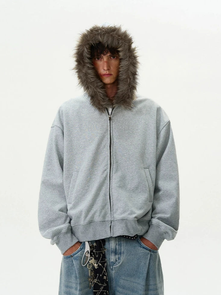 Faux Fur Hooded Zip Jacket with Pockets