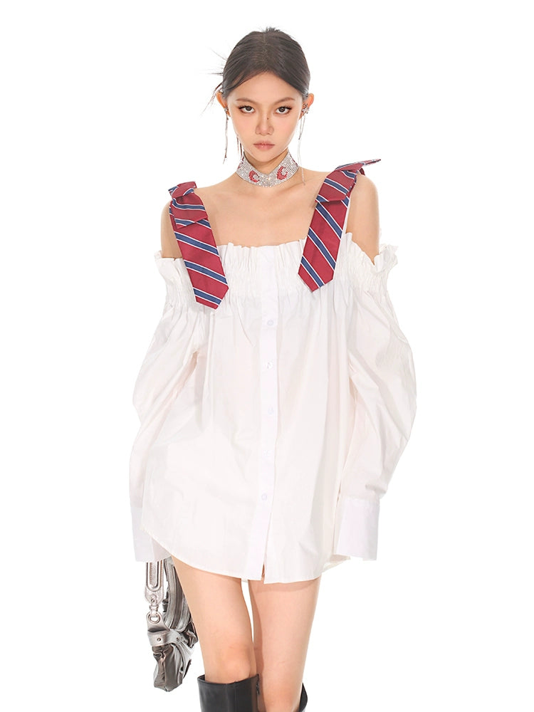 Necktie Strap Ruched Shoulder Stripe Button Top