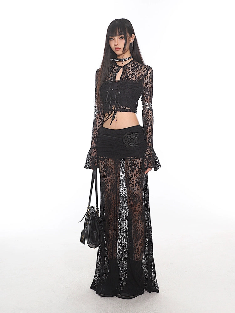 Sheer Lace Crop Top and Flare Pants Set