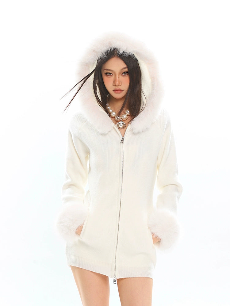 Faux Fur Trim Hooded Zip-Up Knit Jacket