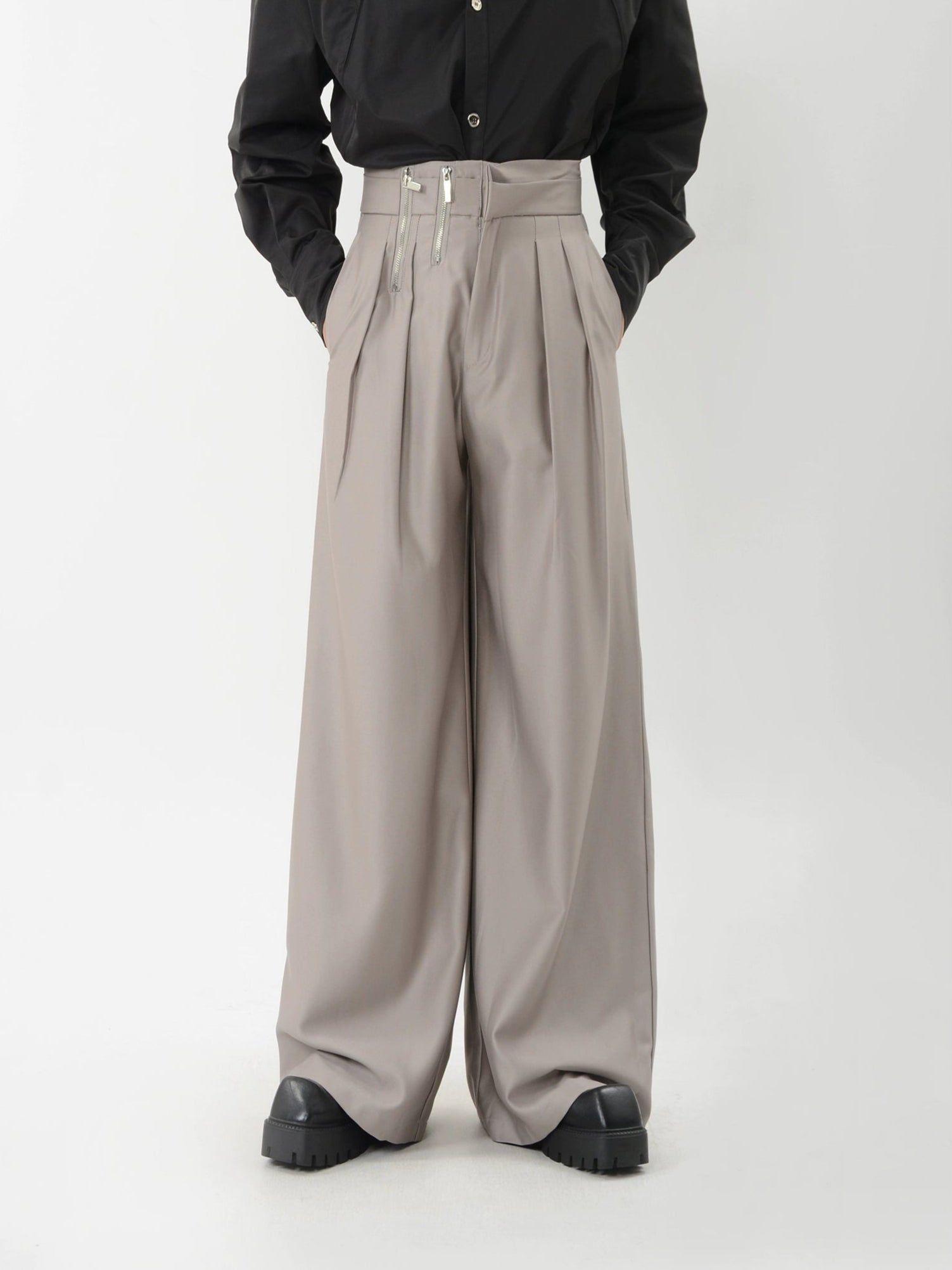 Wide Leg High Waisted Pleated Trousers with Side Zip Details