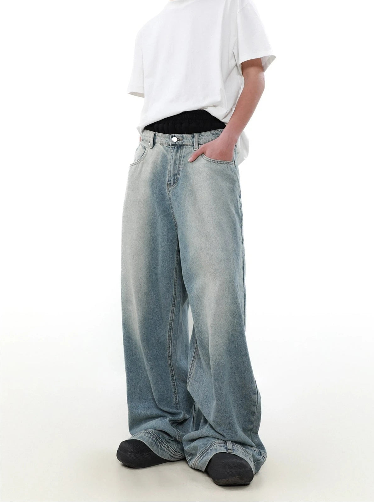 Wide Leg Denim Upside-Down Effect Jeans with Contrast Stitching