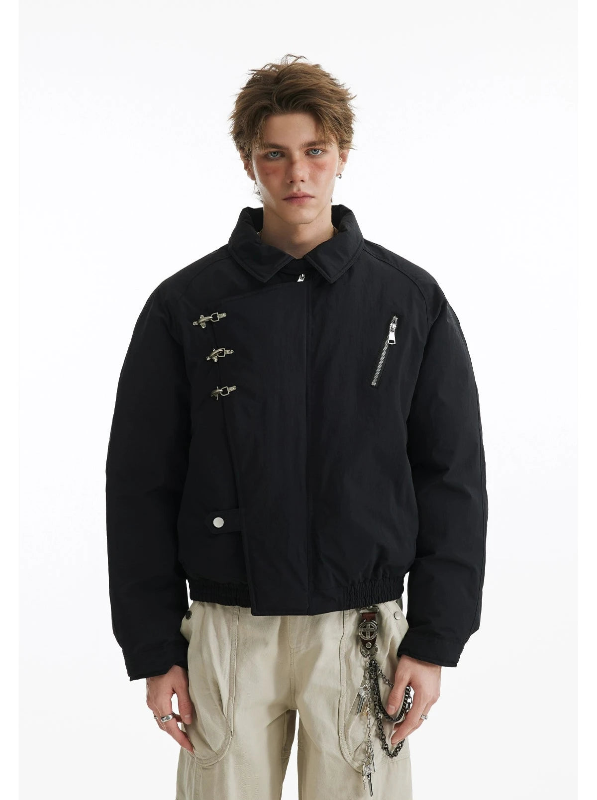 Fireman Buckle Asymmetrical Collared Bomber Jacket