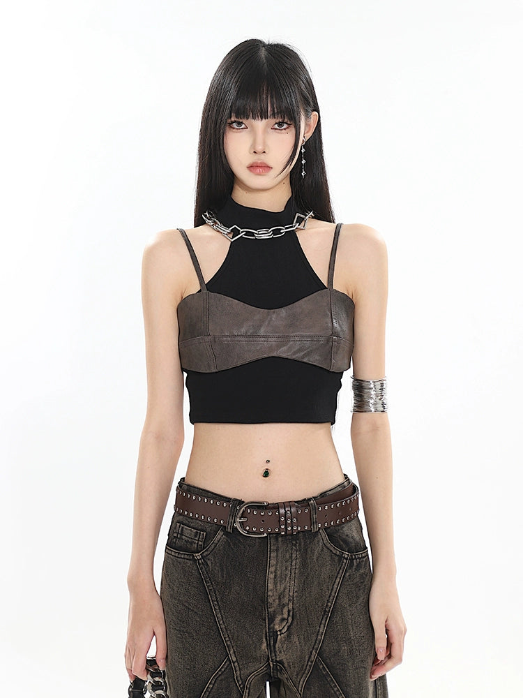 Mock Two-Piece Faux Leather Halter Cropped Tank Top