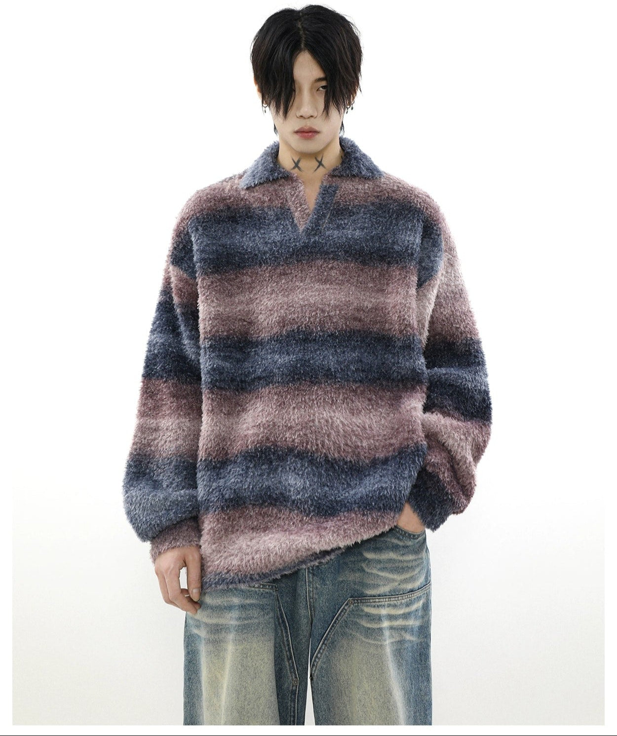 Plush Striped Open Collar Fuzzy Pullover