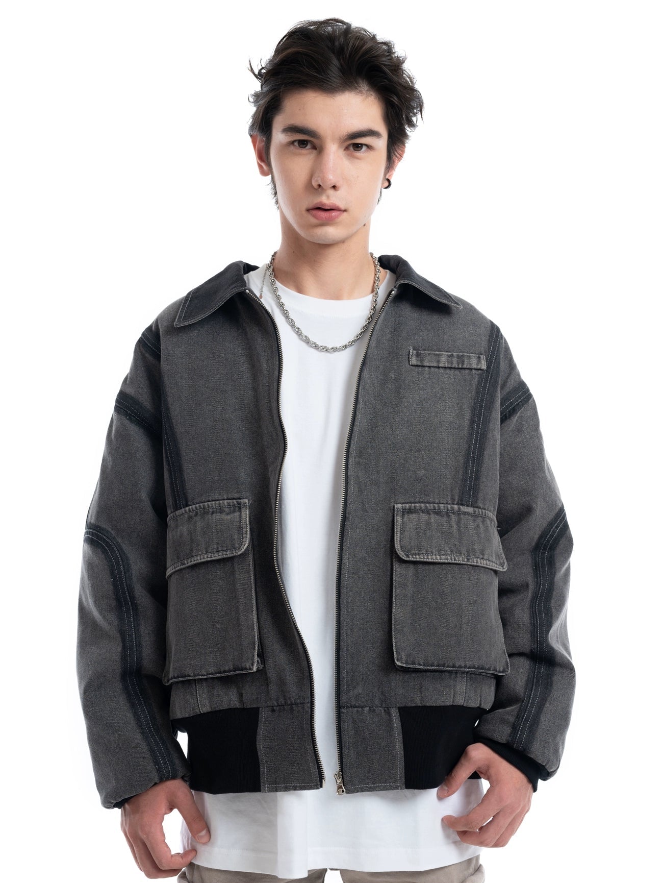 Contrast Stitch Denim Cargo Jacket with Flap Pockets