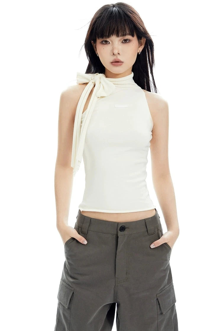 Sleeveless Turtleneck Top with Side Bow Scarf Detail