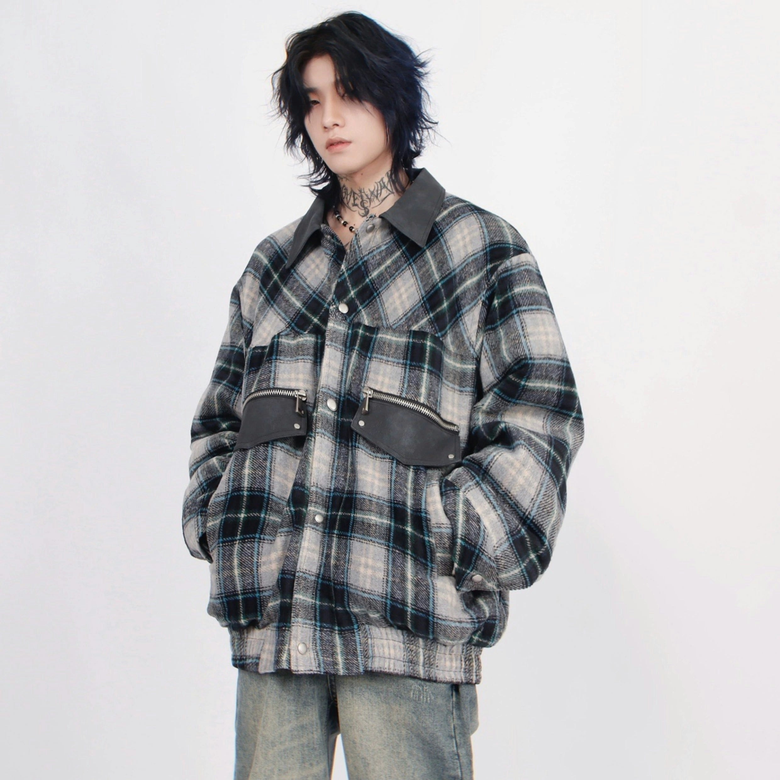 Plaid Button Jacket with Zip Pockets