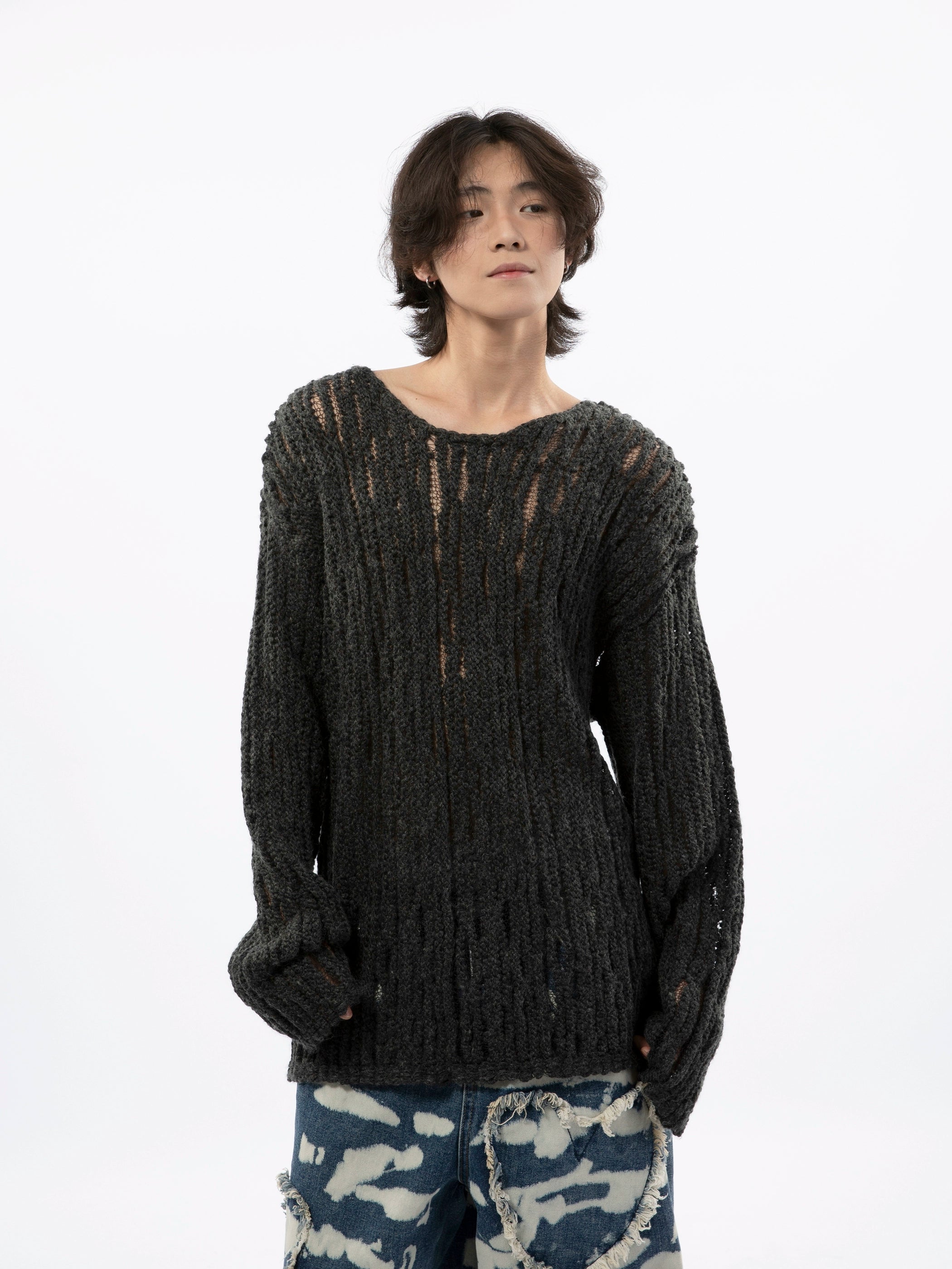 Fuzzy Open Knit Lightweight Pullover Sweater