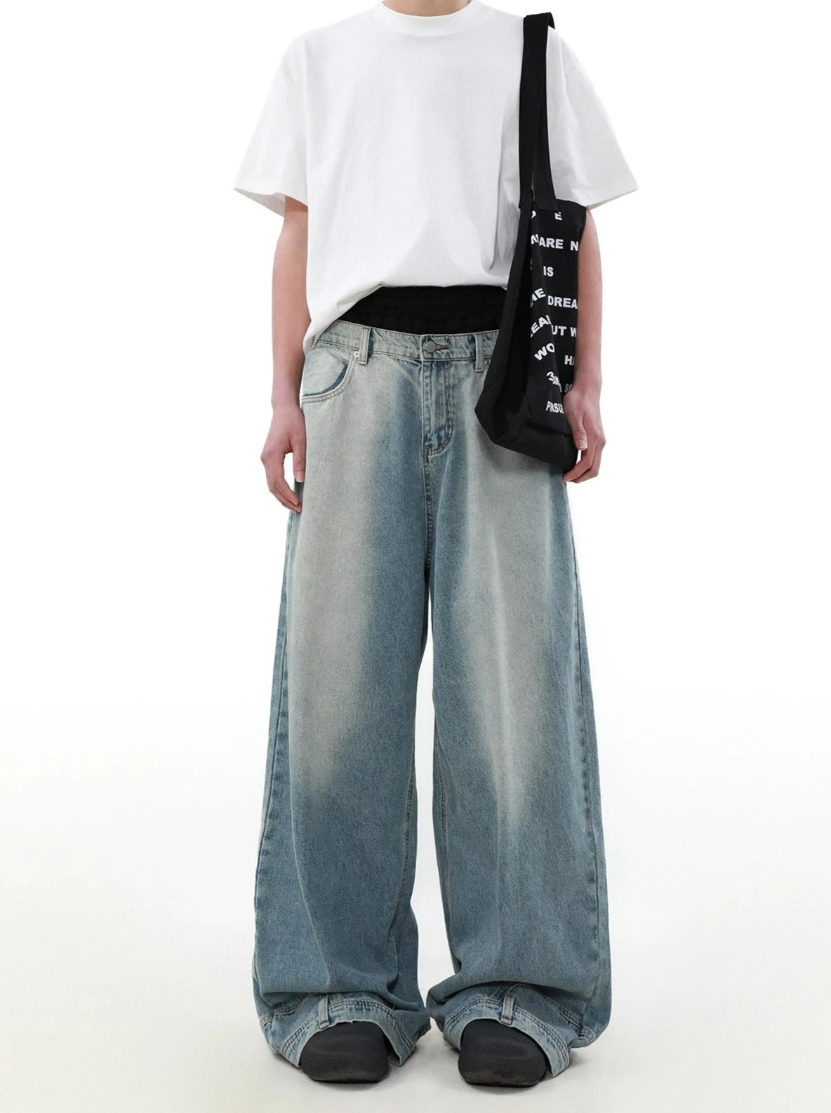 Wide Leg Denim Upside-Down Effect Jeans with Contrast Stitching