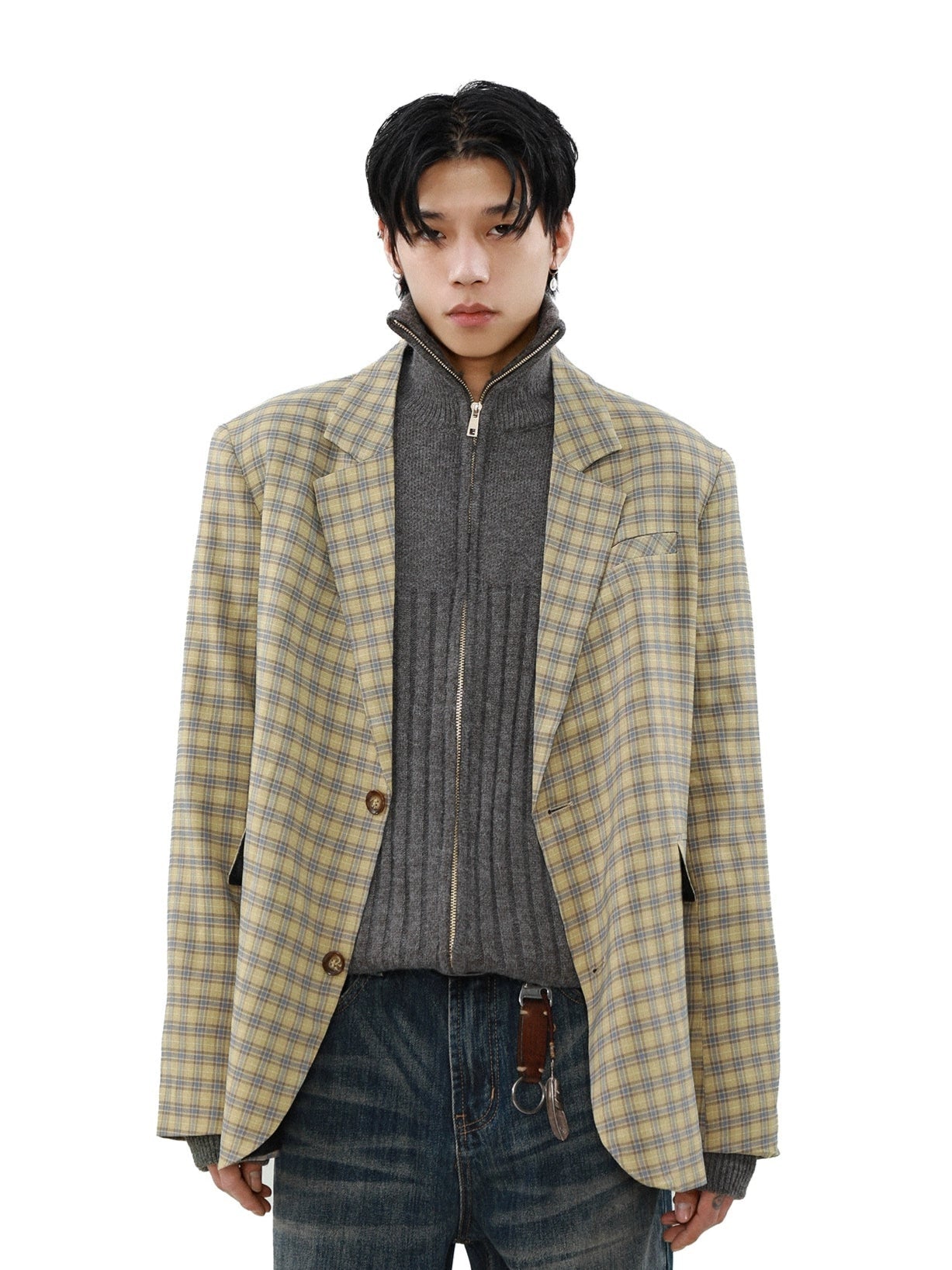 Plaid Single-Breasted Boxy Lightweight Blazer