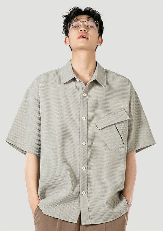 Waffle Knit Button-Up Short Sleeve Pocketed Shirt