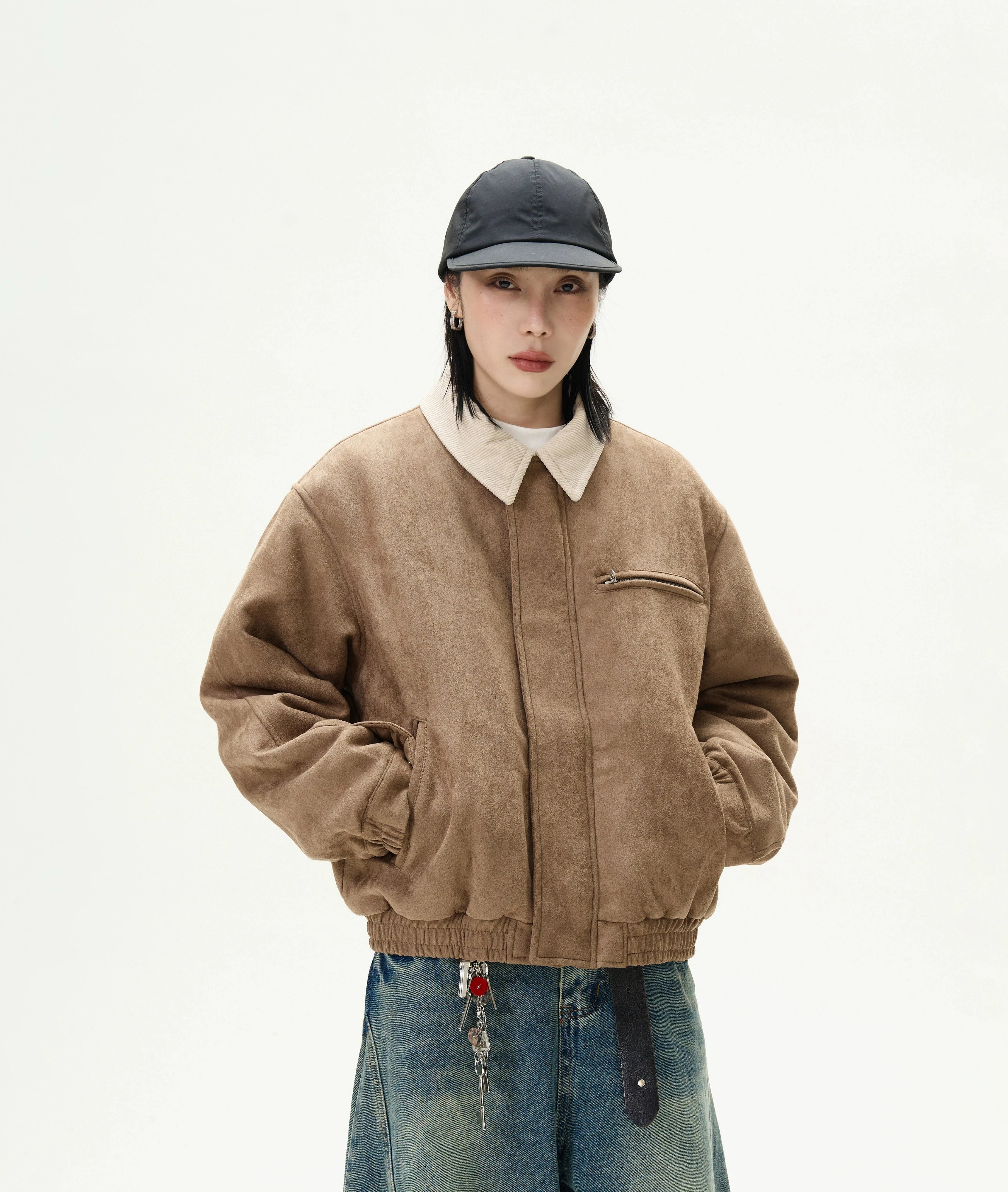 Suede Bomber Jacket with Contrast Corduroy Collar