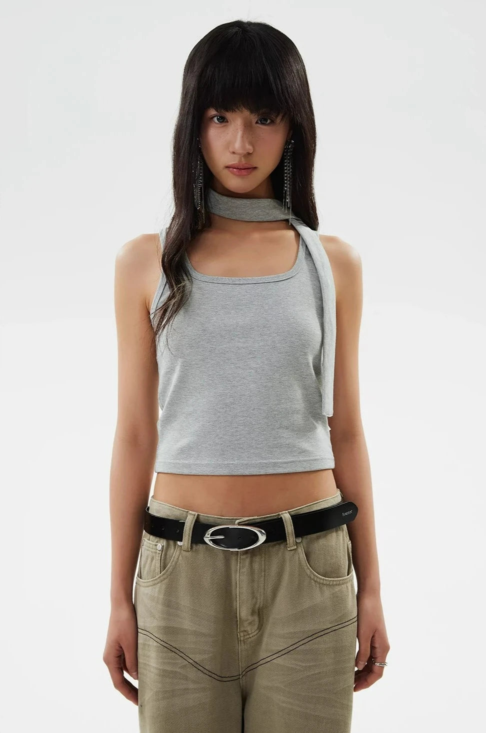 Ribbed Halterneck Crop Top with Choker-Scarf Neckline