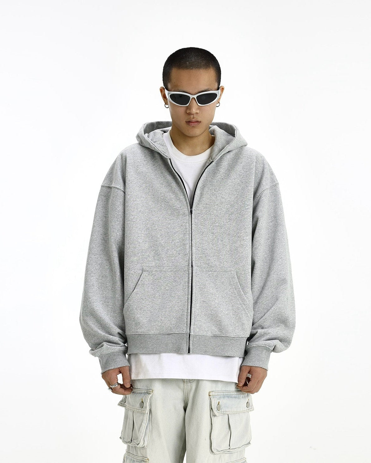 Oversized Mid-Crop Zip-Up Lightweight Hoodie with Pockets