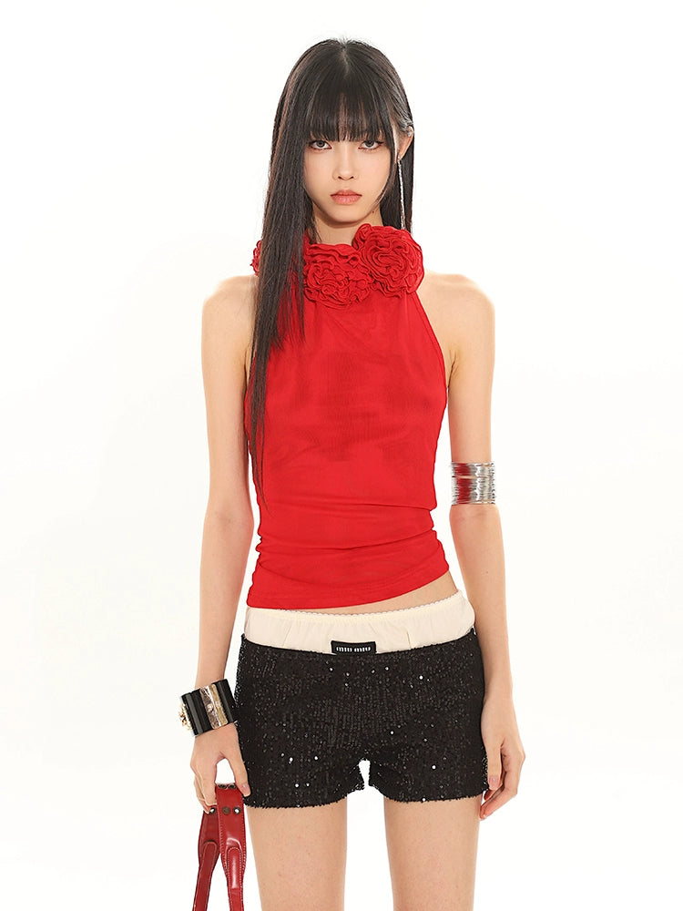 Sleeveless Rosette Mock Neck Tank Top