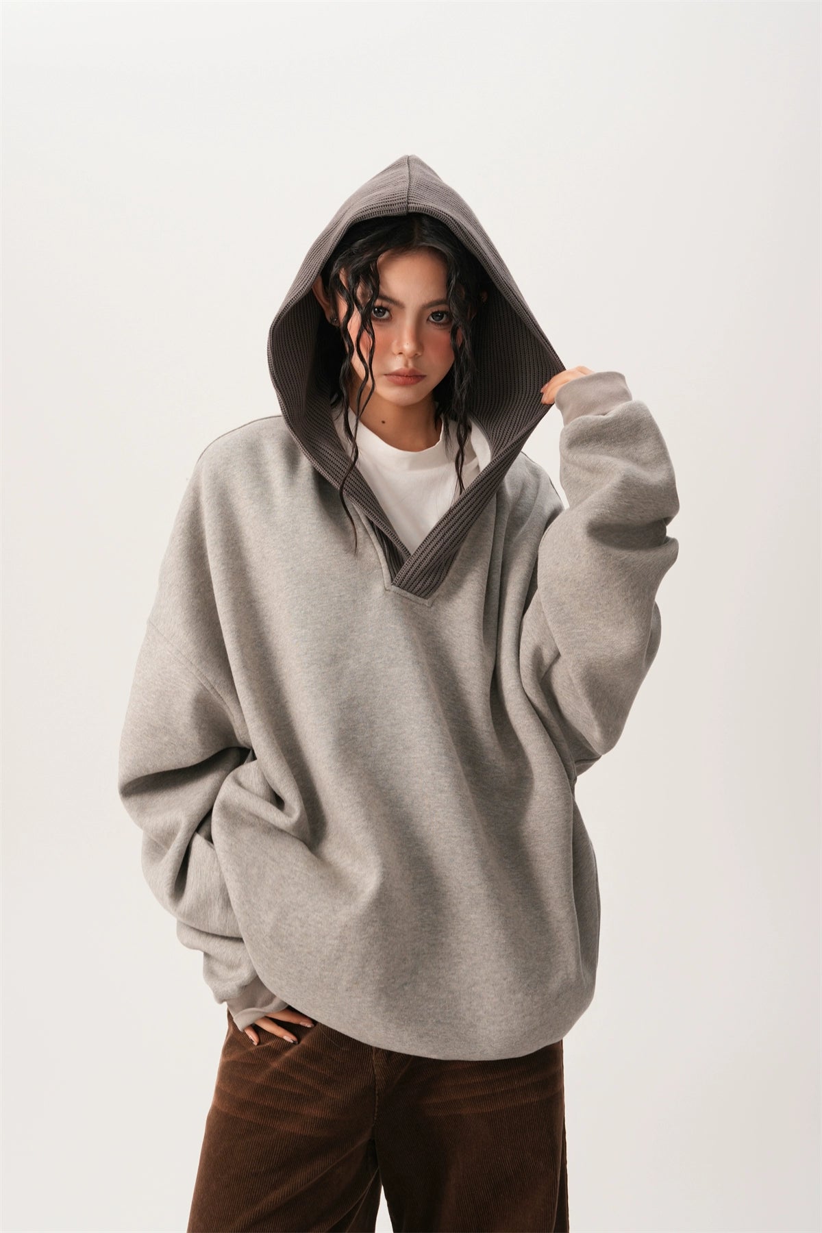 Oversized Knit Ribbed Heathered Hoodie