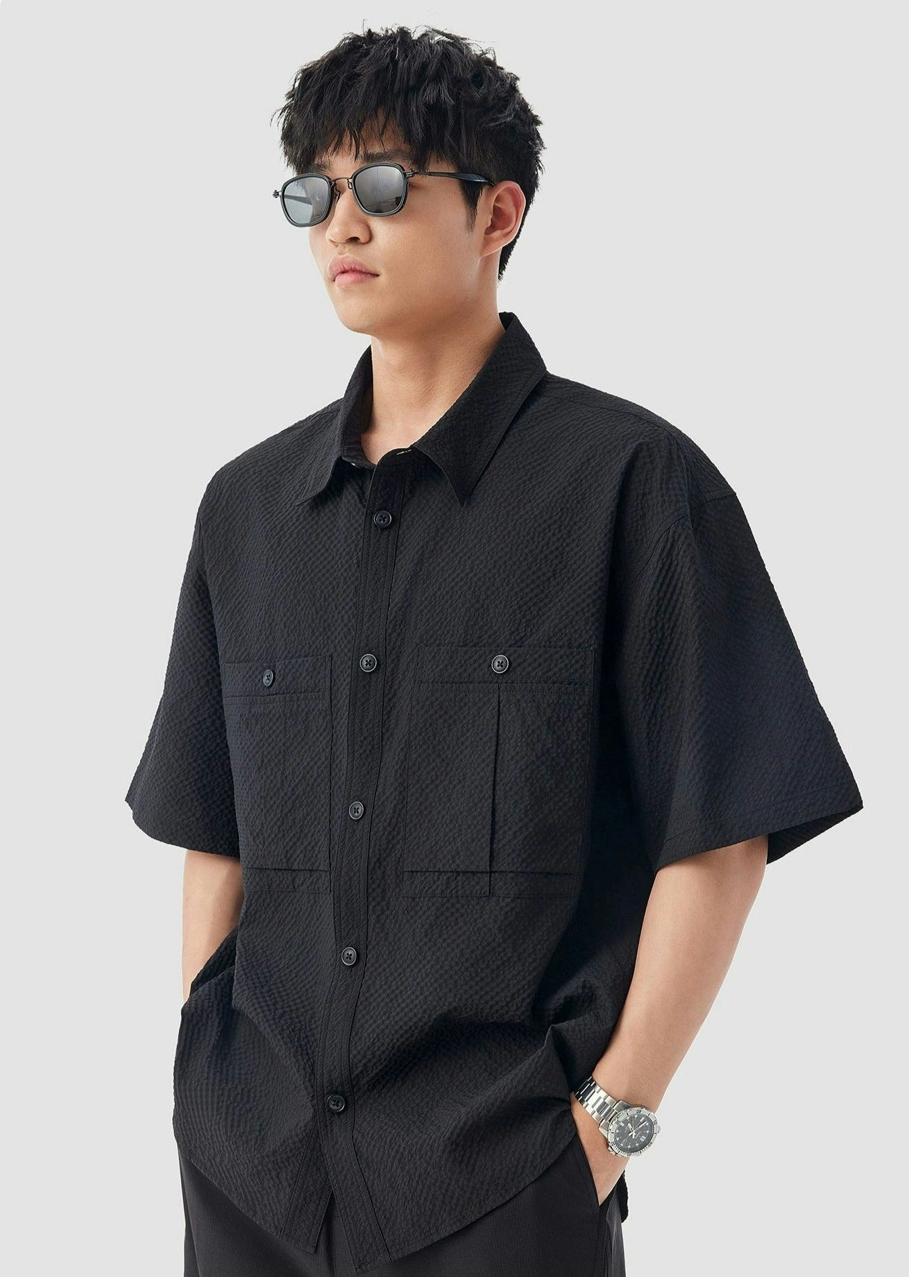 Double Pocketed Textured Short Sleeve Button-Up Shirt