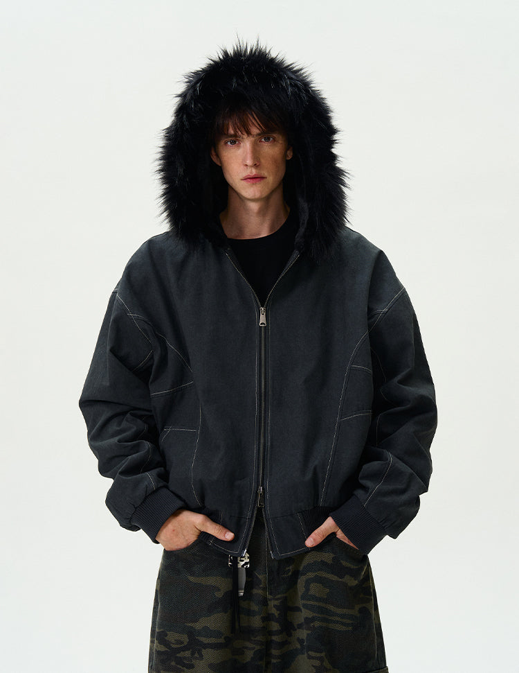 Contrast Stitch Oversized Faux Fur Hooded Bomber Jacket