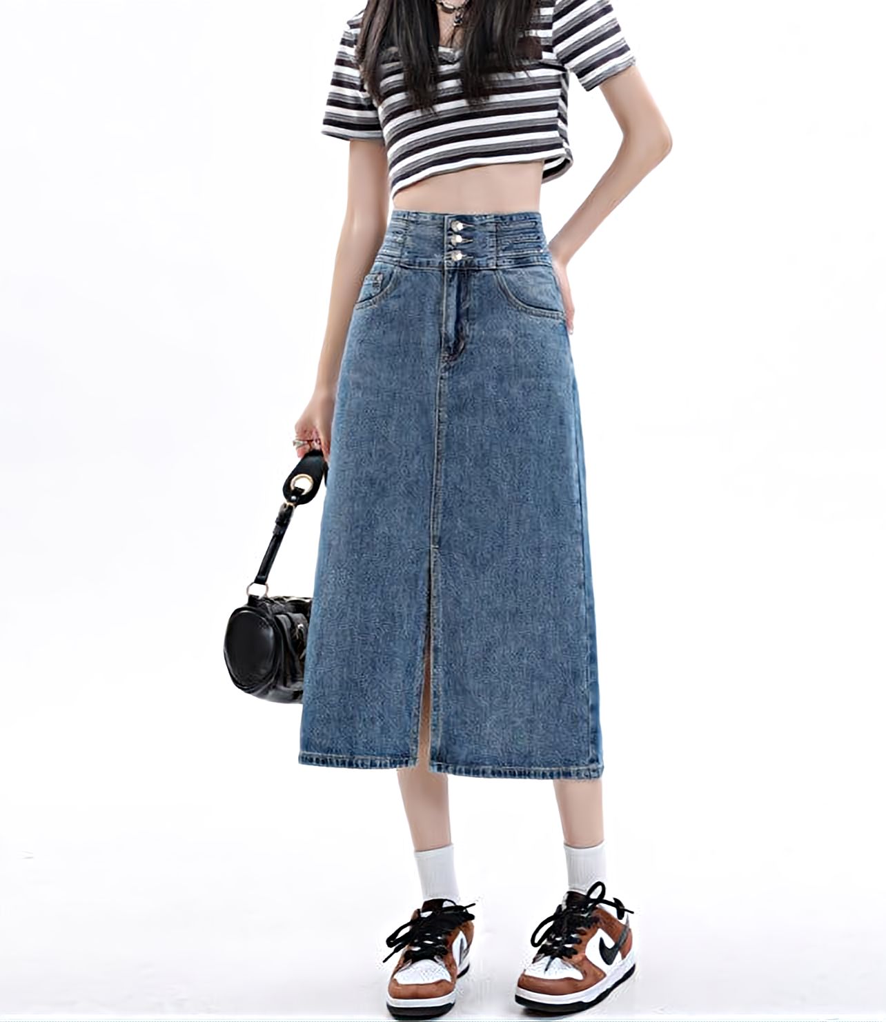 Multi Button Denim Midi Skirt