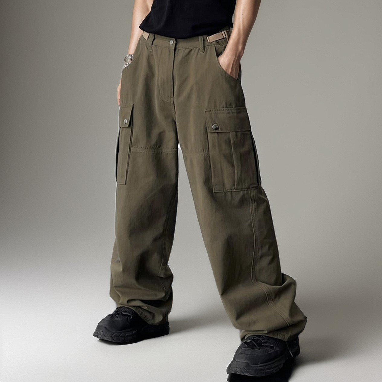 Double Waist Strap Wide Leg Cargo Pants