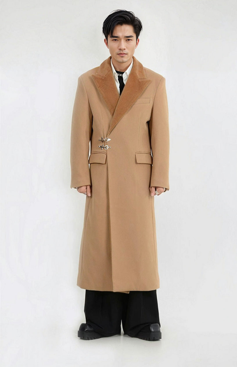 Oversized Velvet-Lapel Long Coat with Metal Buckles