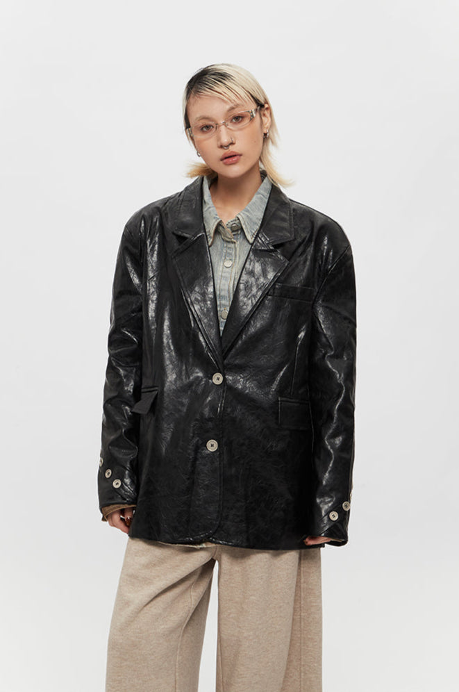 Glossy Faux Leather Oversized Blazer With Cuff Button Details