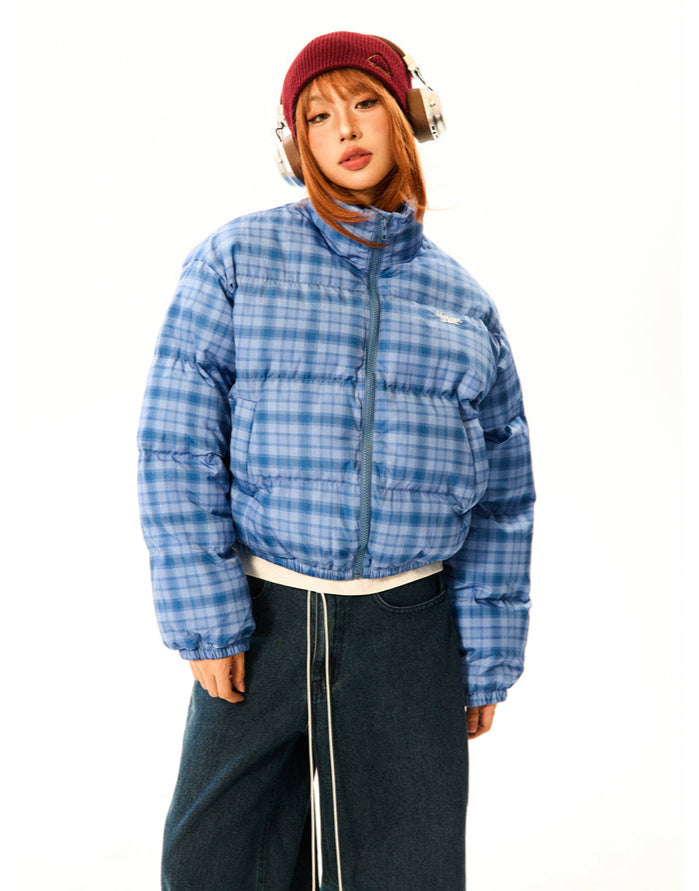 Plaid Quilted  High Collar Mid Crop Puffer Jacket