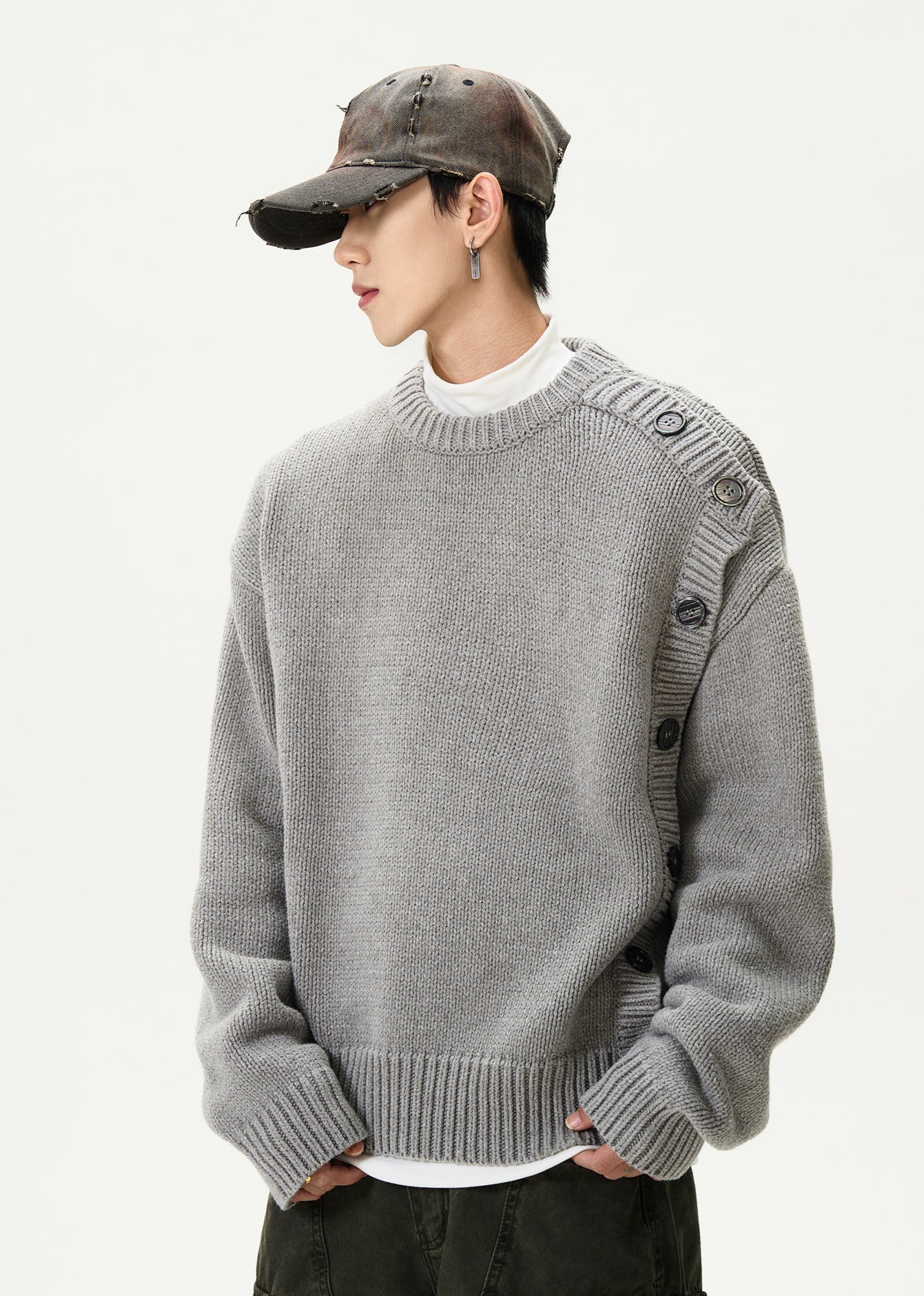 Asymmetric Button-Detail Knit Sweater