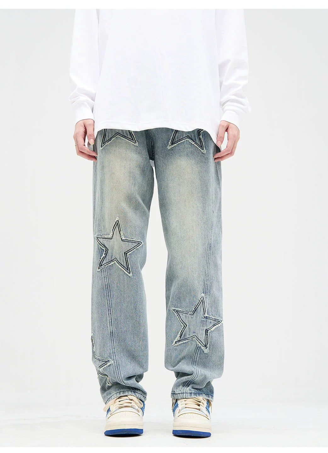 Star Patchwork Faded Straight Fit Jeans