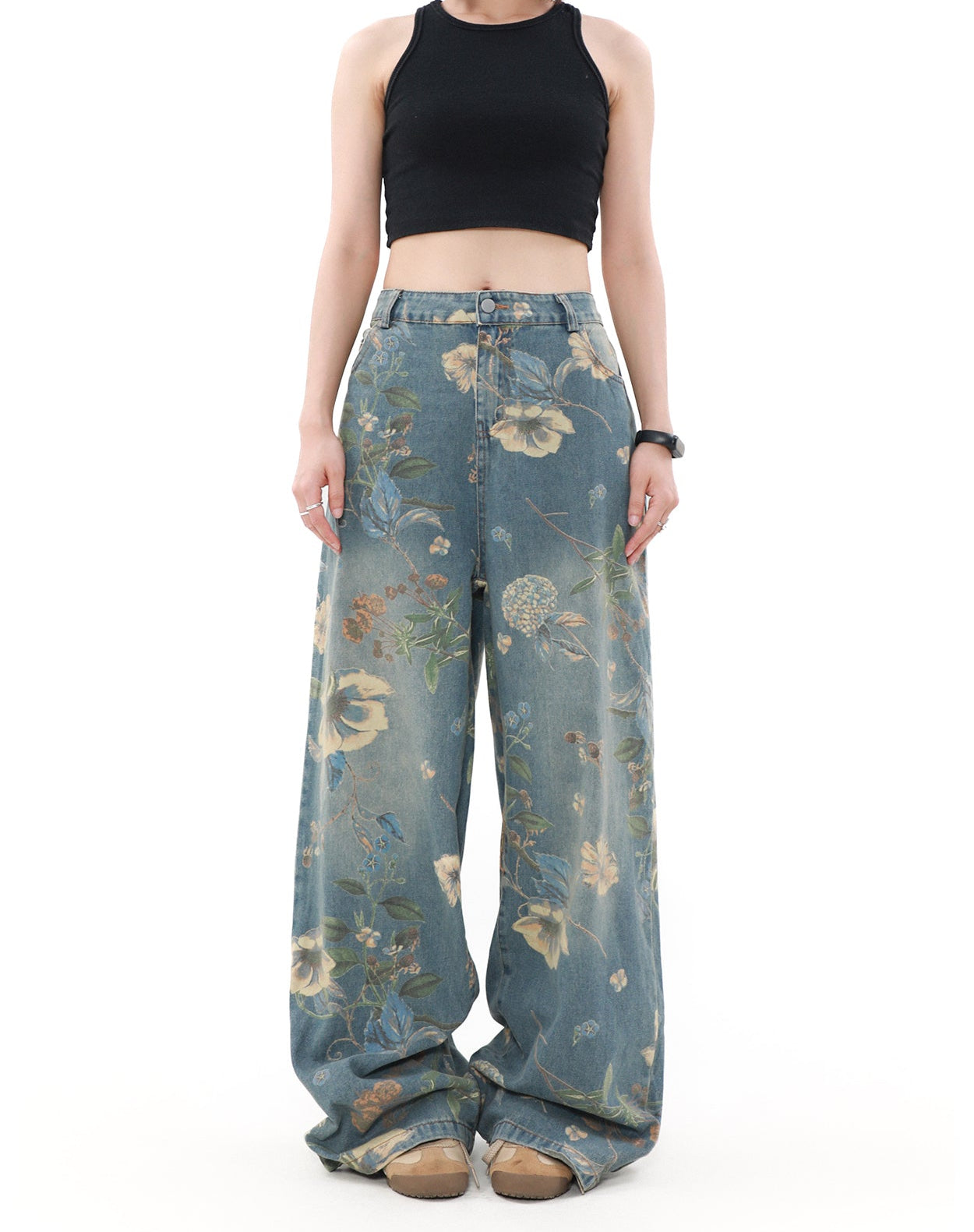 Wide Leg Floral Print Denim Pants