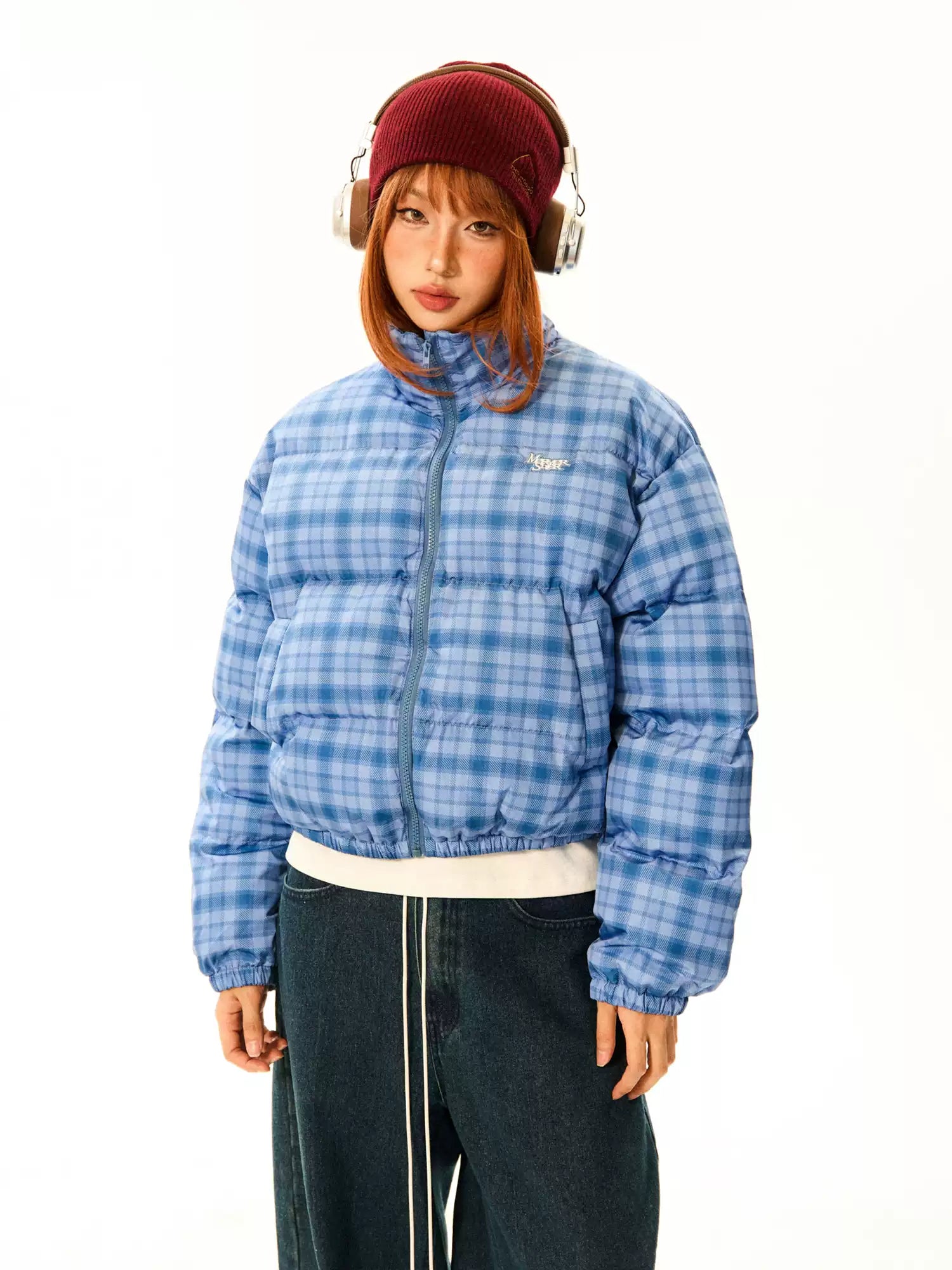 Plaid Quilted  High Collar Mid Crop Puffer Jacket