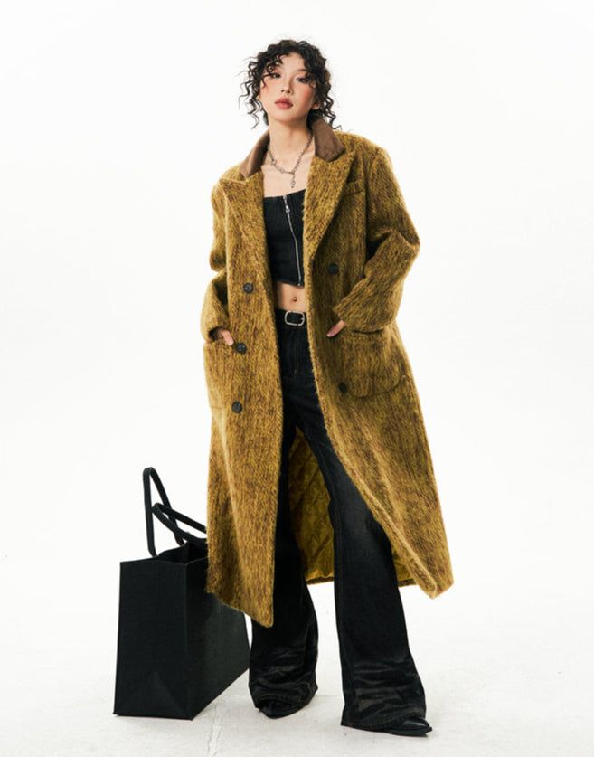 Fuzzy Double Breasted Longline Coat with Corduroy Collar