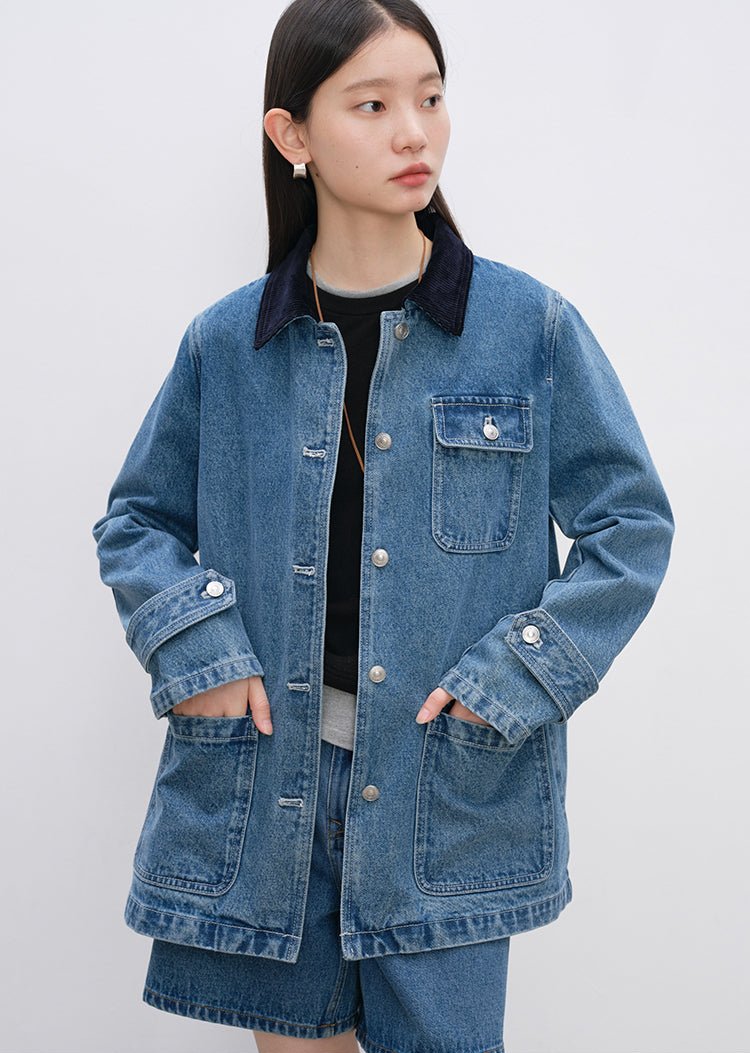 Contrast Corduroy Collar Denim Jacket with Multi Pockets